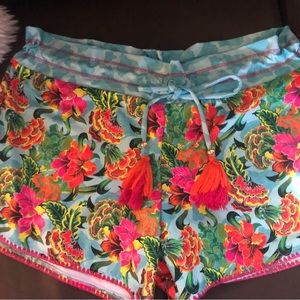 Costa Linda Beach Shorts Quik Dri Tropical Floral Embroidered Hem Drawstring A